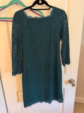Adrianna Papell Teal Lace Midi Dress with Three-Quarter Sleeves